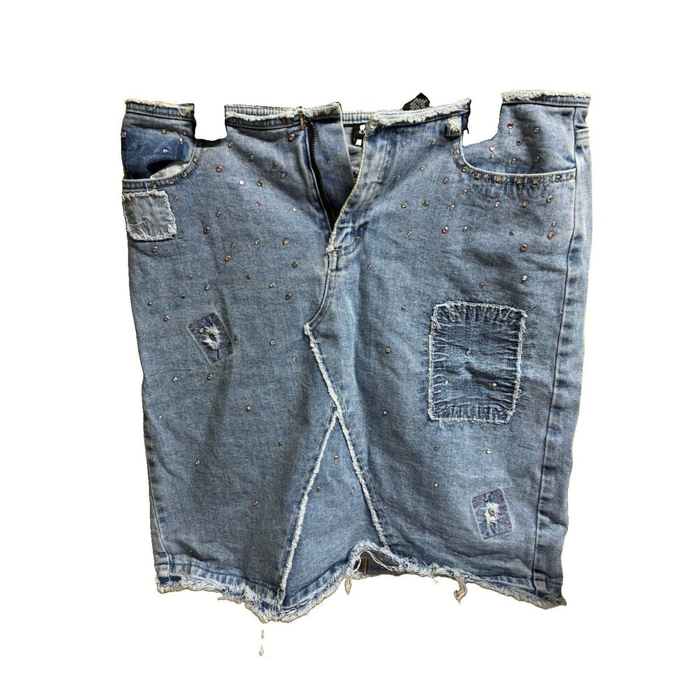 VTG Y2K EXPRESS Women’s Denim Jean Skirt Bedazzled Gems Frayed Mid Length Sz9/10